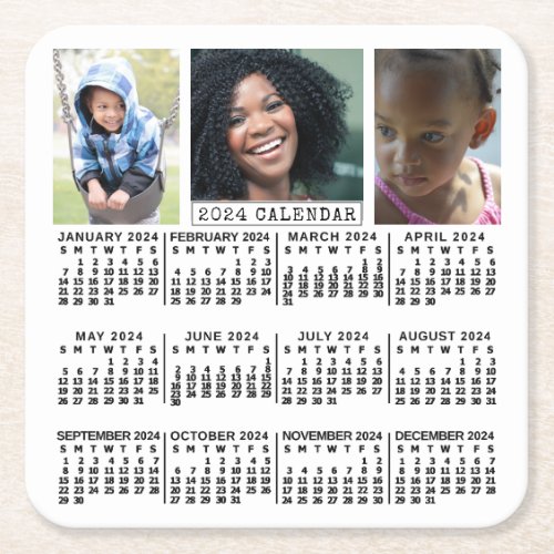 2024 Year Calendar White  3 Photo Collage Custom Square Paper Coaster