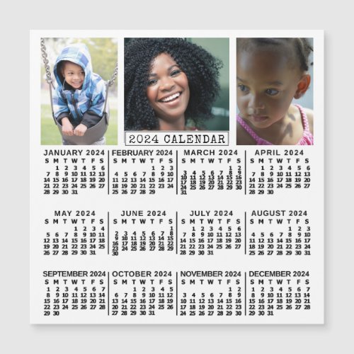 2024 Year Calendar White  3 Photo Collage Magnet