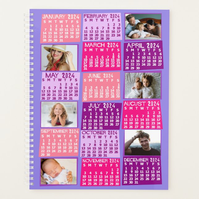 2024 Year Monthly Calendar 12 Photo Collage Pink Planner (Front)