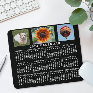 2024 Year Monthly Calendar Black Custom 3 Photos Mouse Pad
