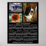 2024 Year Monthly Calendar Black Custom 3 Photos Poster<br><div class="desc">This 2024 year, 3-photo and custom text / personalized monthly calendar wall poster shows the days of the week for each month in classic, professional-looking white on a black background. This is a simple, bold yearly calendar poster to help you conquer the new year. Always know what date it is...</div>
