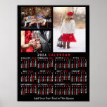 2024 Year Monthly Calendar Black Custom 3 Photos Poster<br><div class="desc">This 2024 year, 3-photo and custom text / personalized monthly calendar wall poster shows the days of the week for each month in classic, professional-looking red and white on a black background. This is a simple, bold yearly calendar poster to help you conquer the new year. Always know what date...</div>