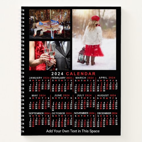 2024 Year Monthly Calendar Black Custom 9 Photos Notebook