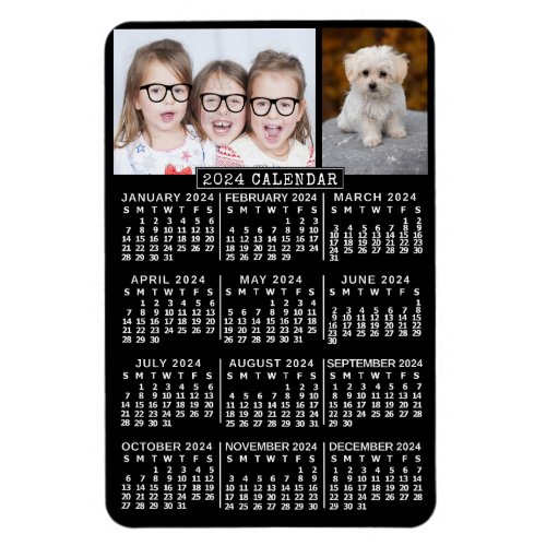 2024 Year Monthly Calendar Black  Photo Template Magnet