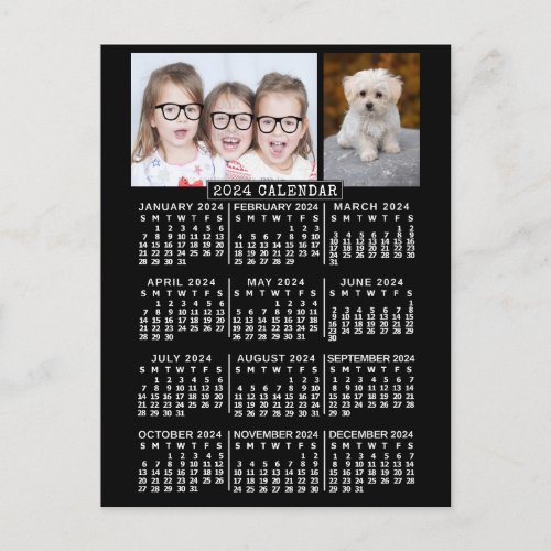 2024 Year Monthly Calendar Black  Photo Template Postcard