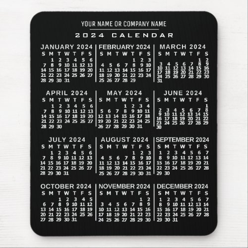 2024 Year Monthly Calendar Black White Custom Name Mouse Pad