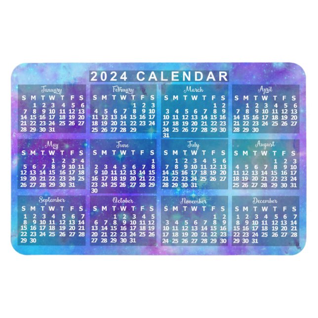 2024 Year Monthly Calendar Blue Watercolor Stars Magnet (Horizontal)
