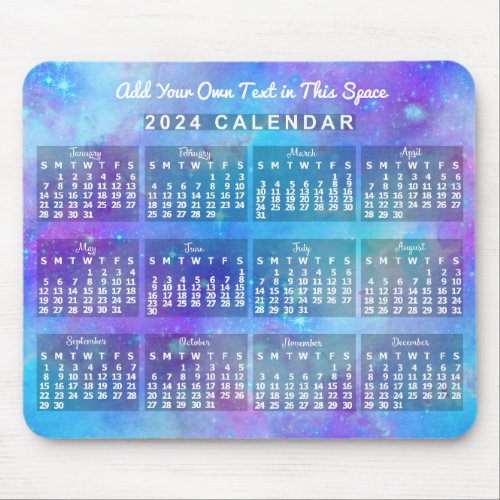 2024 Year Monthly Calendar Blue Watercolor Stars Mouse Pad