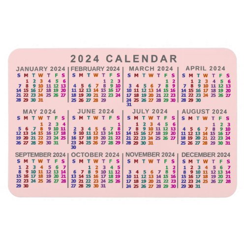 2024 Year Monthly Calendar Blush Pink Colorful Magnet