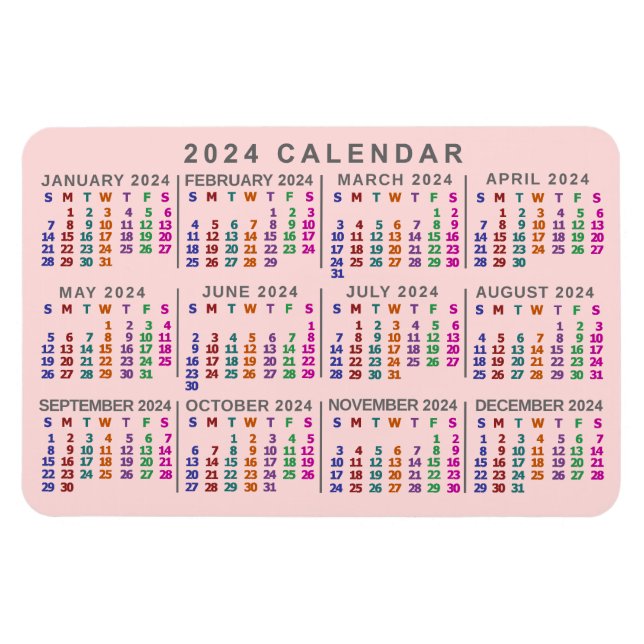2024 Year Monthly Calendar Blush Pink Colorful Magnet (Horizontal)