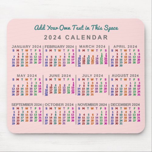 2024 Year Monthly Calendar Blush Pink Personalized Mouse Pad