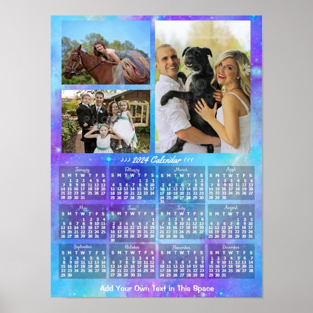2024 Year Monthly Calendar Boho Watercolor 3 Photo Poster (Front)