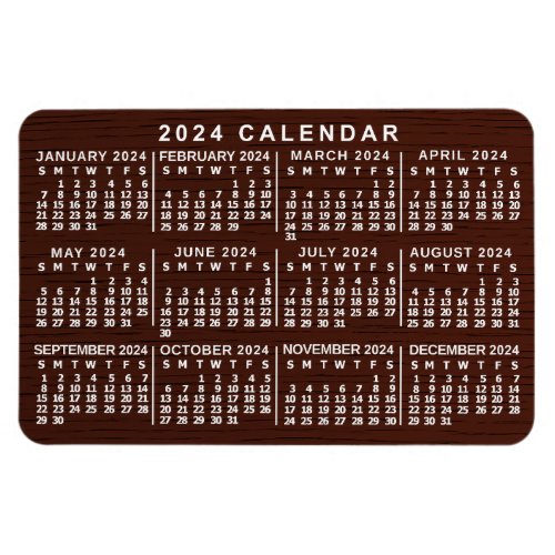 2024 Year Monthly Calendar Brown Wood Grain Simple Magnet