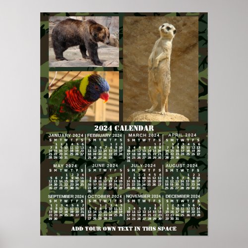 2024 Year Monthly Calendar Camouflage Add 3 Photos Poster