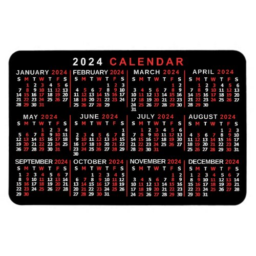2024 Year Monthly Calendar Classic Black Red White Magnet