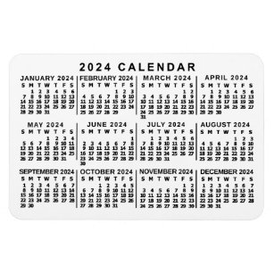 2024 Year Monthly Calendar Classic White and Black Magnet