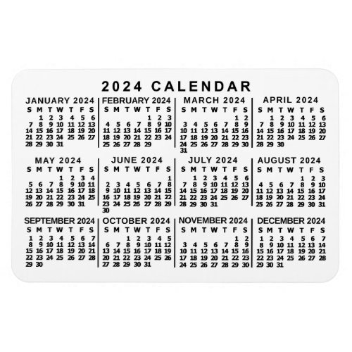 2024 Year Monthly Calendar Classic White and Black Magnet