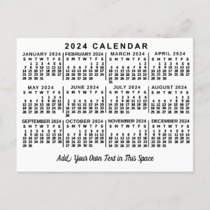 2024 Year Monthly Calendar Classic White and Black Postcard