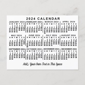 2024 Year Monthly Calendar Classic White And Black Postcard by FancyCelebration at Zazzle