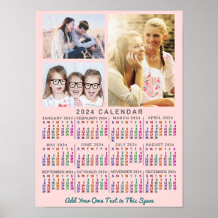 2024 Year Monthly Calendar Colorful Custom 3 Photo Poster