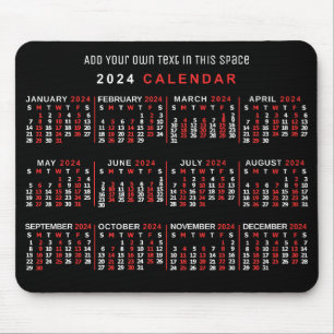 2024 Year Monthly Calendar Custom Black Red White Mouse Pad