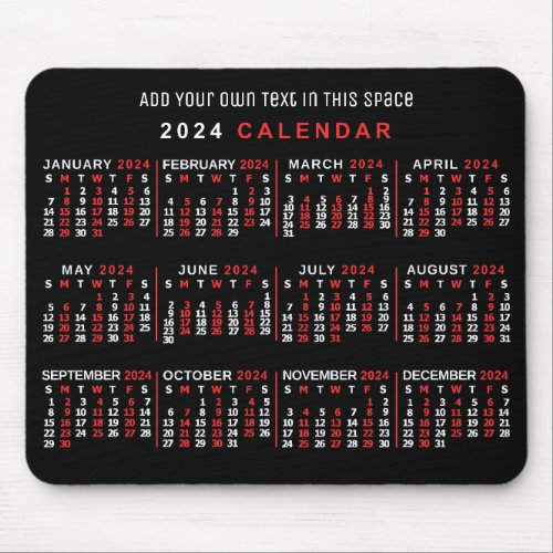 2024 Year Monthly Calendar Custom Black Red White Mouse Pad