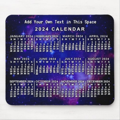 2024 Year Monthly Calendar Custom Space Nebula Mouse Pad