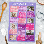 2024 Year Monthly Calendar Cute Mod Photo Collage Kitchen Towel<br><div class="desc">This personalized 2024 year monthly calendar kitchen towel has a mid-century modern geometric look with asymmetrical color blocks and cut-out paper style typography. The colors are all various shades of pink and purple. Use the easy templates to add six of your favorite photos (horizontal work best, but all shapes will...</div>