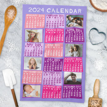 2024 Year Monthly Calendar Cute Mod Photo Collage Kitchen Towel by FancyCelebration at Zazzle
