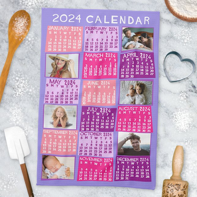 2024 Year Monthly Calendar Cute Mod Photo Collage Kitchen Towel (Creator Uploaded)