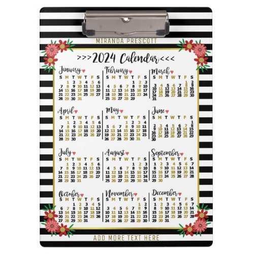 2024 Year Monthly Calendar Floral Stripes  Custom Clipboard