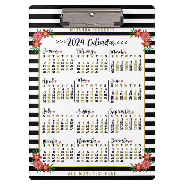2024 Year Monthly Calendar Floral Stripes | Custom Clipboard (Front)