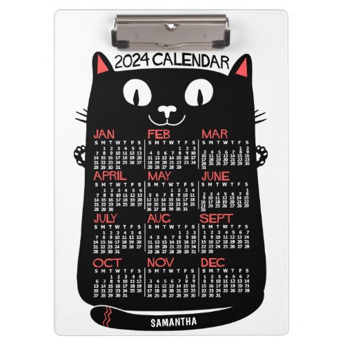2024 Year Monthly Calendar Mid_Century Black Cat Clipboard