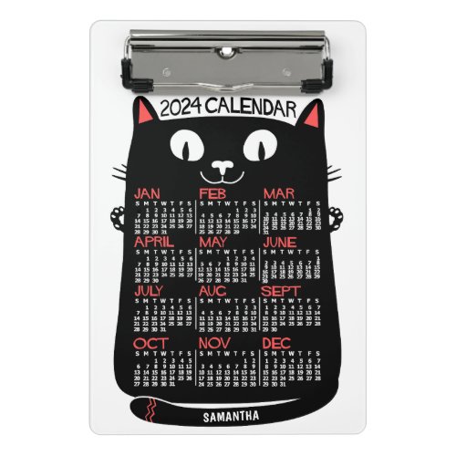 2024 Year Monthly Calendar Mid_Century Black Cat Mini Clipboard