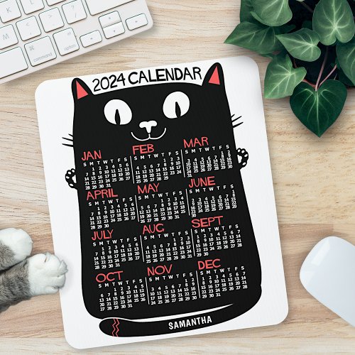 2024 Year Monthly Calendar Mid_Century Black Cat Mouse Pad