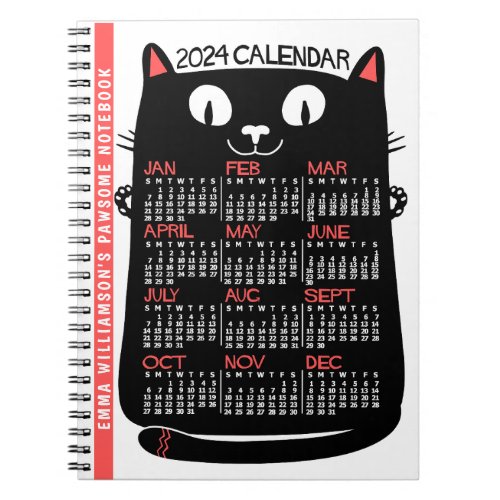 2024 Year Monthly Calendar Mid_Century Black Cat Notebook
