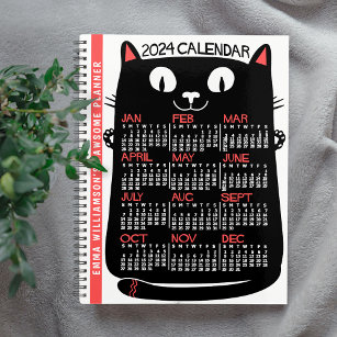 2024 Year Monthly Calendar Mid-Century Black Cat Planner