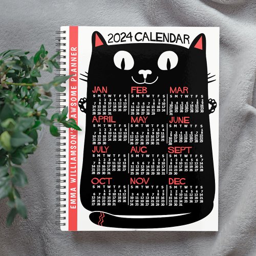 2024 Year Monthly Calendar Mid_Century Black Cat Planner