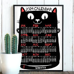 2024 Year Monthly Calendar Mid-Century Black Cat Poster<br><div class="desc">This cute personalized 2024 calendar wall poster shows the days of the week for each month on the belly of a mid-century modern kitty cat. Made to look like retro 60s minimalist pop art, the design is made all in black, white and red with cut-out paper style typography. You can...</div>