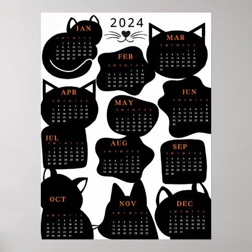 2024 Year Monthly Calendar Mid_Century Black Cat Poster