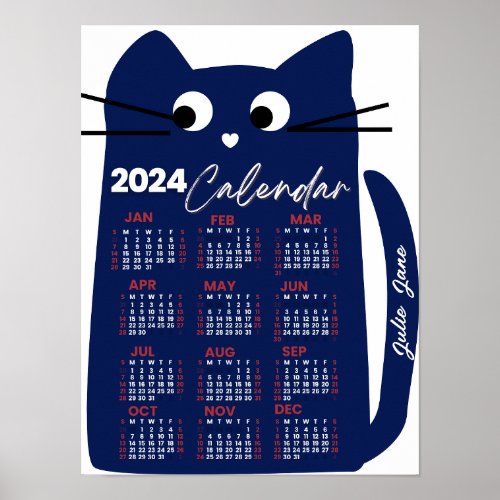 2024 Year Monthly Calendar Mid_Century Blue Cat Poster