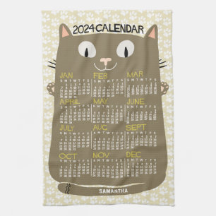 2024 Year Monthly Calendar Mid-Century Brown Cat Kitchen Towel
