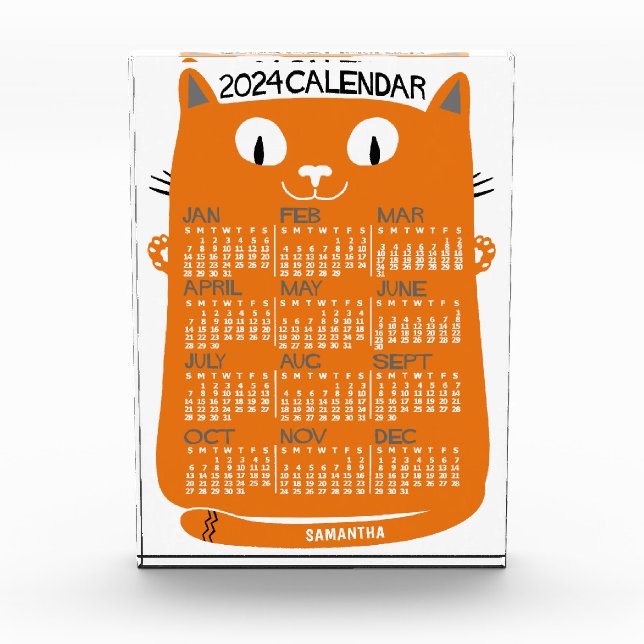 2024 Year Monthly Calendar Mid-Century Orange Cat Acrylic Award (Front)
