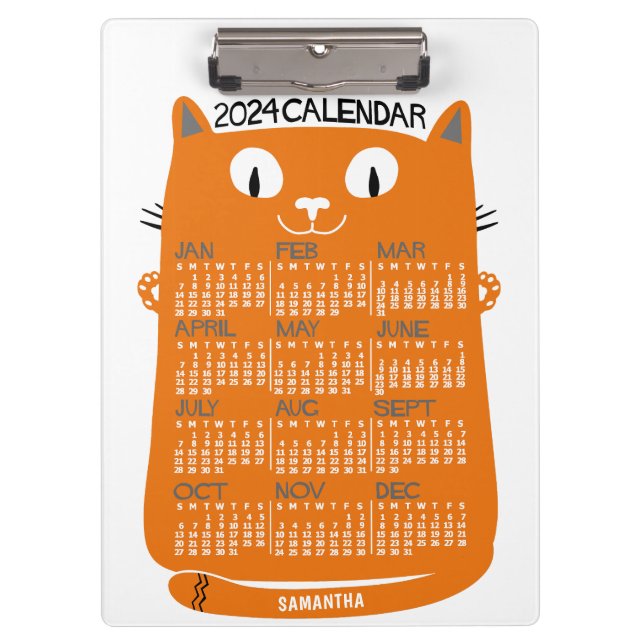 2024 Year Monthly Calendar Mid-Century Orange Cat Clipboard (Front)
