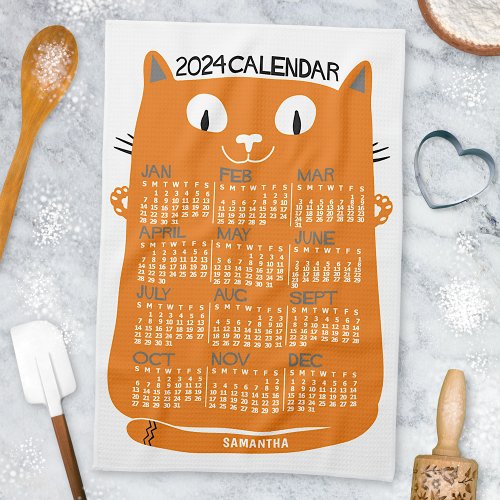 2024 Year Monthly Calendar Mid_Century Orange Cat Kitchen Towel