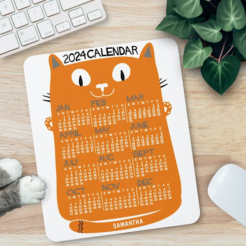 2024 Year Monthly Calendar Mid_Century Orange Cat Mouse Pad