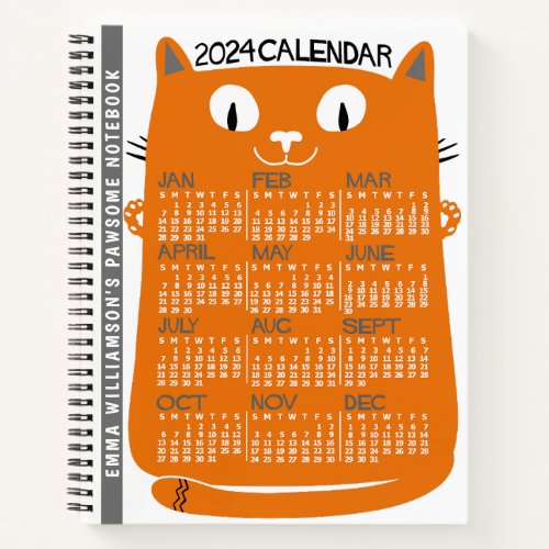 2024 Year Monthly Calendar Mid_Century Orange Cat Notebook