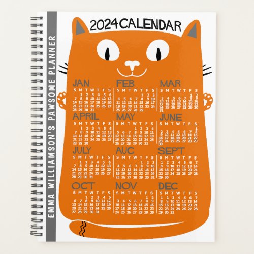 2024 Year Monthly Calendar Mid_Century Orange Cat Planner