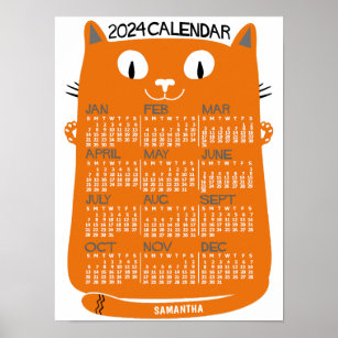 2024 Year Monthly Calendar Mid-Century Orange Cat Poster