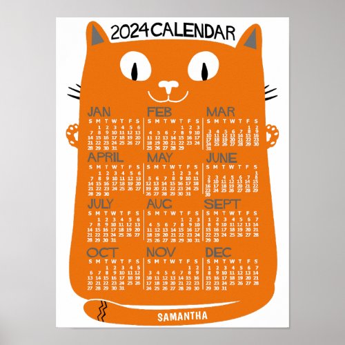 2024 Year Monthly Calendar Mid_Century Orange Cat Poster